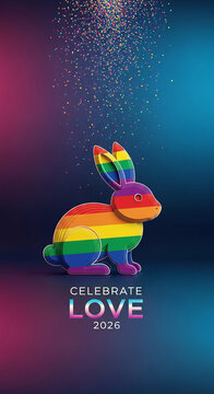 Layered rainbow bunny with confetti, representing pride and celebration of love, ideal for events and diversity themes