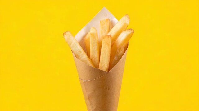 A delicious portion of golden brown French fries served in a paper basket on a yellow background.
