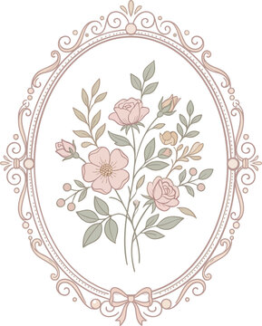 Oval Frame with Floral Arrangement Vintage Flower Stamp 