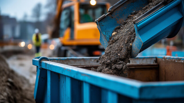 A construction vehicle pouring waste dirt into a large blue dumpster at a roadwork site, waste disposal, dirt pour, blue dumpster, roadwork, construction vehicle, dump action, industrial scene,