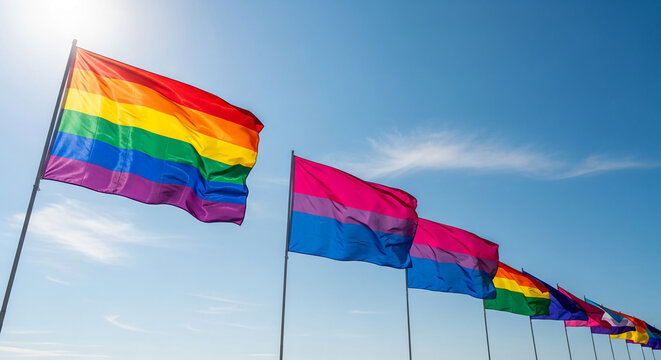 Waving rainbow and bisexual pride flags against a clear blue sky, symbolizing diversity, inclusion, and LGBTQ+ rights advocacy