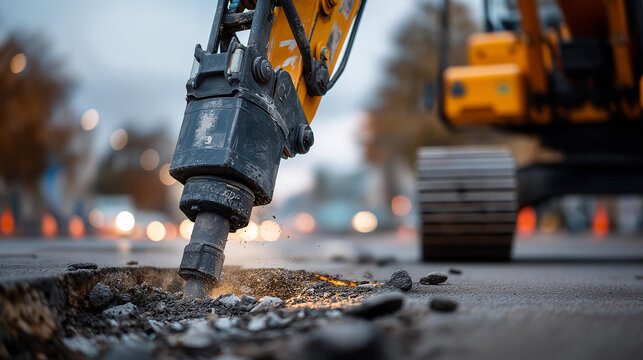 An excavator equipped with a hydraulic hammer breaking through a road surface, hydraulic hammer, excavator attachment, road construction, breaking pavement, demolition tool, infrastructure,