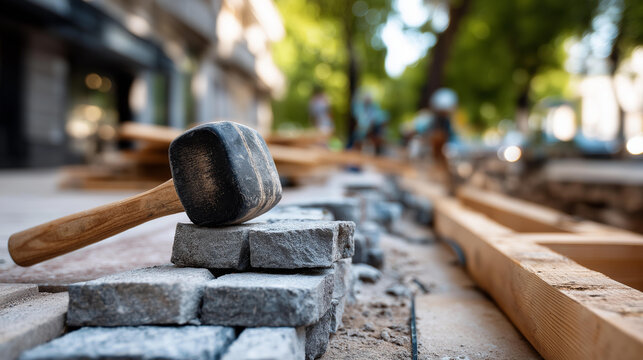 A pile of paving stones, a rubber mallet and a string line laid out on a sidewalk under construction, paving stones, rubber mallet, sidewalk, terrace work, hand laying, construction tools,