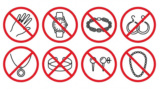 Set of no jewelry allowed signs showing prohibited accessories for safety protocols on white background