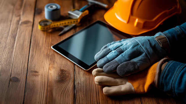 A flat lay of road construction tools including a hard hat, gloves, measuring tape and a tablet on a wooden surface, road construction tools, flat lay, hard hat, gloves, measuring tape, tablet,