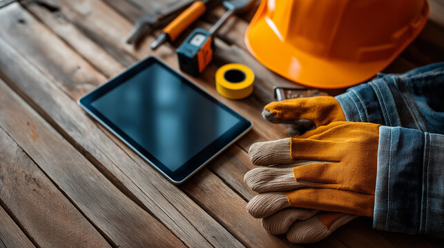 A flat lay of road construction tools including a hard hat, gloves, measuring tape and a tablet on a wooden surface, road construction tools, flat lay, hard hat, gloves, measuring tape, tablet,