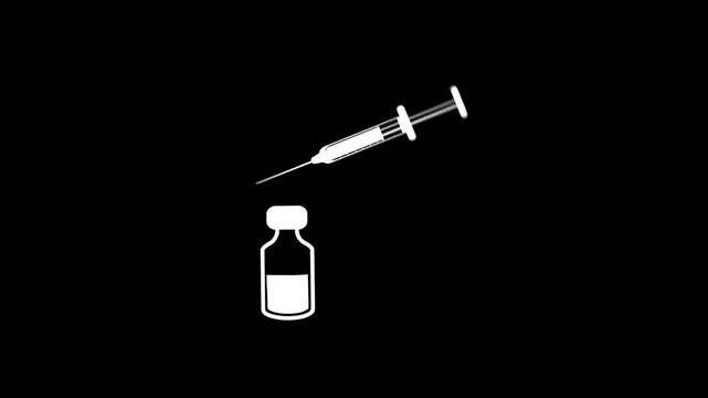 Syringe filling with vaccine or medicine from a vial. 2D icon animation. Represents immunization and medical treatment. Isolated on a black background for easy compositing.