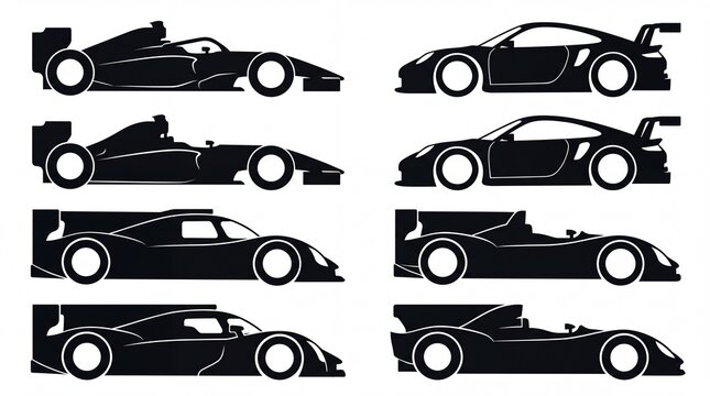 Collection of black silhouette racing cars displayed in profile view isolated on white background