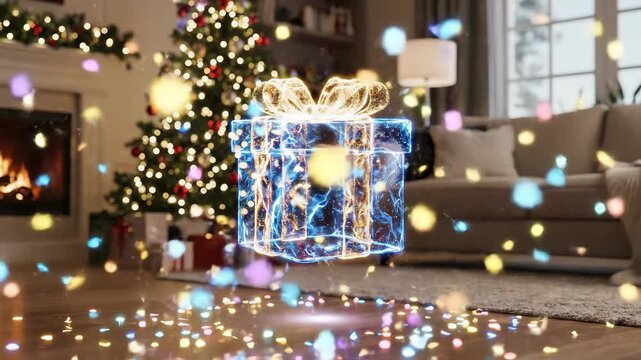 Glowing Holographic Gift Box Floating In Living Room With Christmas Tree
