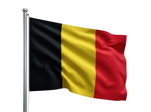 Belgian flag waving on a silver flagpole isolated on transparent background