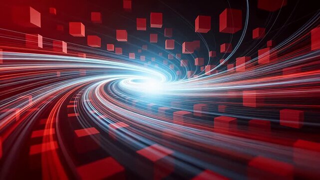 Red cubic abstract structure with bright spiral center