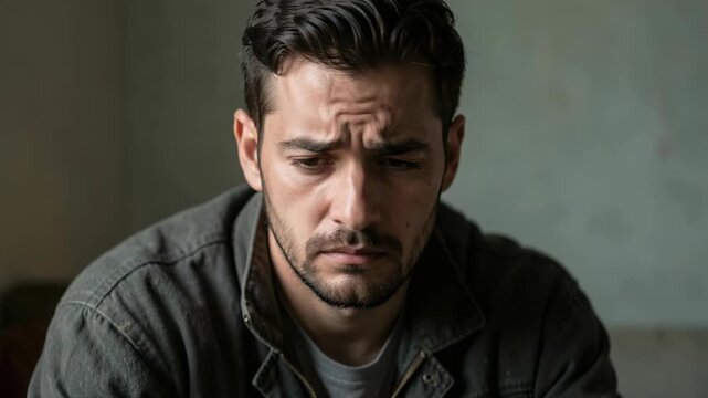 A man gazing off into the distance, showing deep thought or concern, indoors against a muted background.