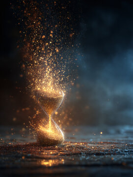 Hourglass Dissolving into Golden Particles &mdash; Time Passing, Transience, and Mortality Concept