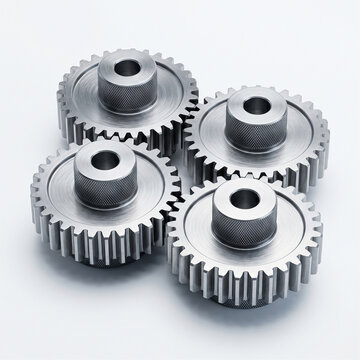 Set of Four Precision Steel Industrial Spur Gear Cogs Isolated on White