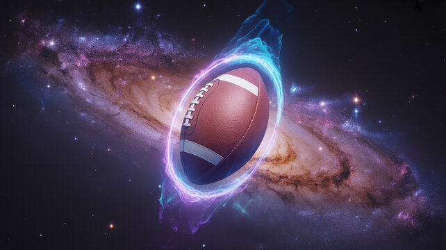 Futuristic football with cosmic energy swirls and galaxy background, sci