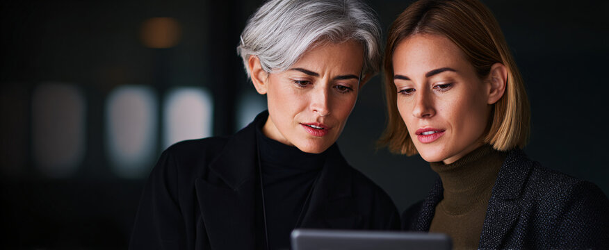 Two savvy female colleagues dissect data like detectives on a sleek tablet in a modern workspace.