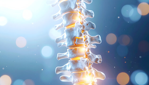 Detailed 3D Rendering of Human Spine with Glowing Vertebrae and Sciatica Pain.