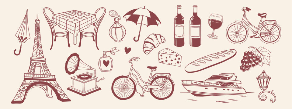 Hand drawn french doodle set with cafe elements, wine, croissant, retro bicycle. Romantic travel symbols. Sketch.