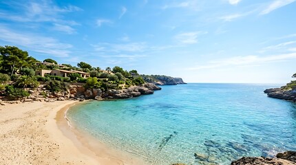 Fototapeta premium Idyllic Mediterranean cove with crystal clear turquoise water and sandy beach on a sunny day