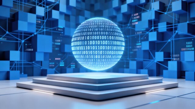 Digital sphere with binary code in futuristic setting