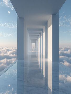 infinite White Corridor Opening to Blue Sky and Clouds &mdash; Freedom, Spirituality, and Endless Possibility Concept