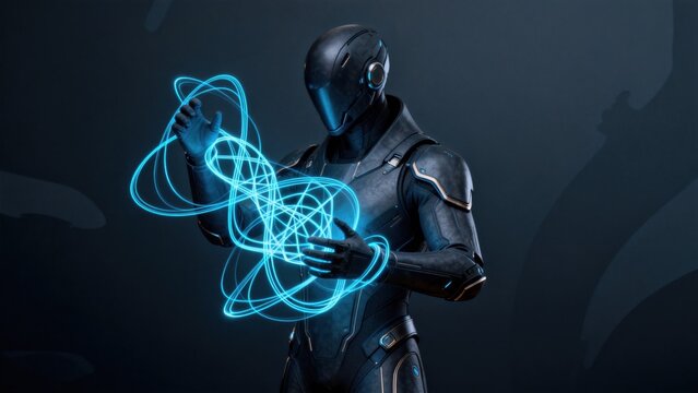 Cyborg holding glowing blue energy