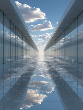 infinite White Corridor Opening to Blue Sky and Clouds &mdash; Freedom, Spirituality, and Endless Possibility Concept