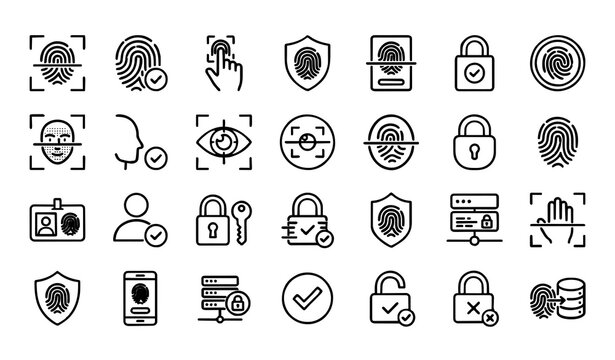 Biometric security icon set with fingerprint scanner face recognition eye iris ID card palm print and data encryption authentication symbols