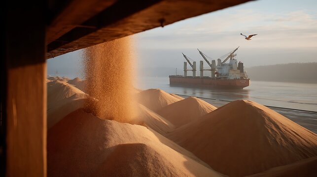 Grain being loaded onto a bulk carrier ship at a harbor terminal.