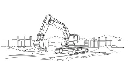 Continuous one line drawing of excavator working on construction site, heavy equipment concept, hand drawn vector illustration © Alvian