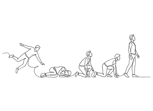 Continuous one line drawing of human evolution sequence, progress and development concept, hand drawn vector illustration