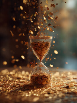 Hourglass Dissolving into Golden Particles &mdash; Time Passing, Transience, and Mortality Concept