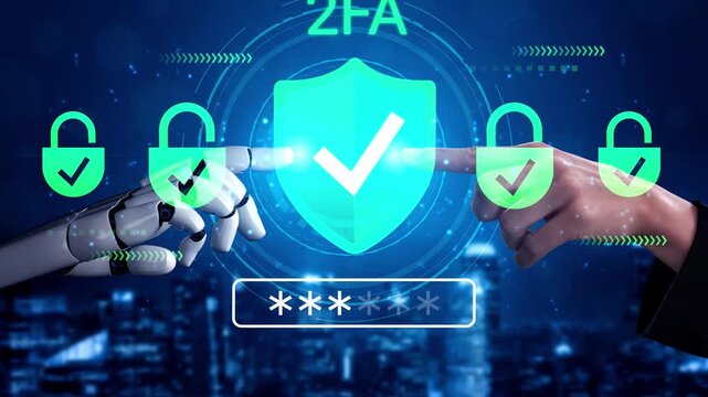 Futuristic Technology Concept of Two-Factor Authentication with Hands of Robot and Human and Shield Design on Digital Background Gluon.