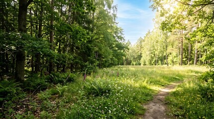 Fototapeta premium Sunlit forest path leads to a bright meadow surrounded by lush green trees on a beautiful summer day