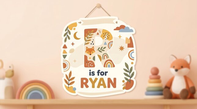 Boho safari nursery wall art vector illustration with letter R is for Ryan baby boy name sign
