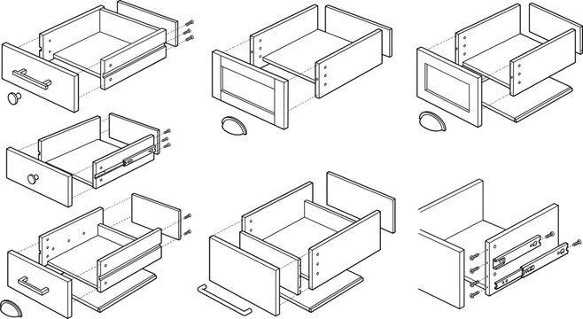 Furniture Drawer Assembly Illustration Set Featuring Cabinet Slide Components and Wooden Storage Construction Diagrams for Interior Hardware Design Projects