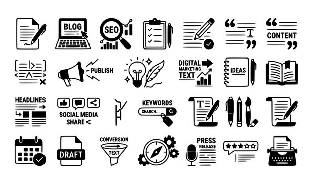 Copywriting and content creation icon set with mixed outline and glyph writing SEO and marketing symbols vector