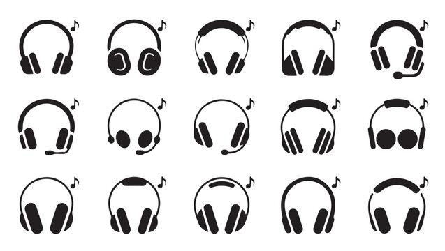 Set of black flat icons representing various music headphones and audio headset designs now.