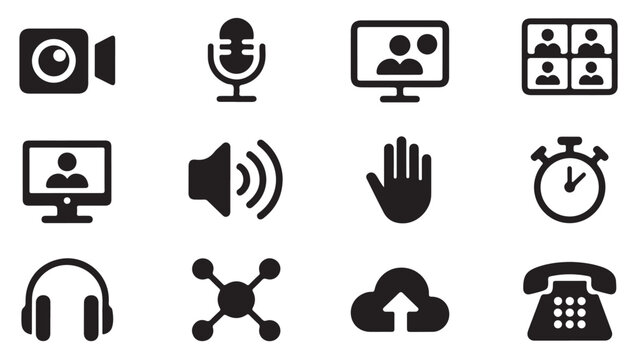Digital communication icons set featuring video camera microphone meeting and cloud storage.