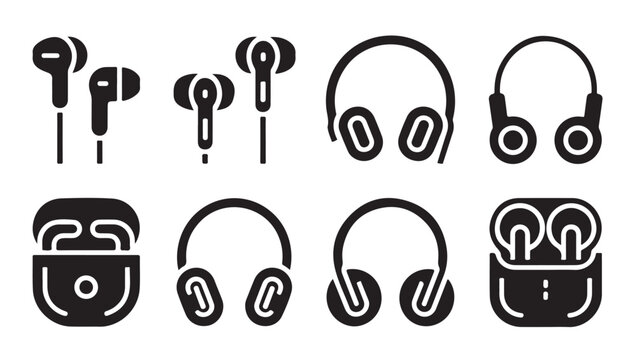 Black silhouette icons of modern wireless earphones and headphones with protective cases set.