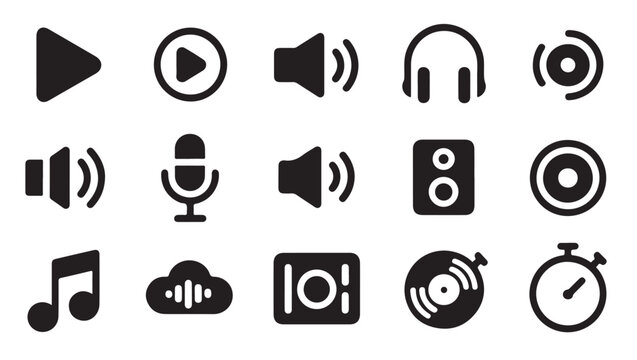 Media player control icons including play button volume and music cloud in minimal style.