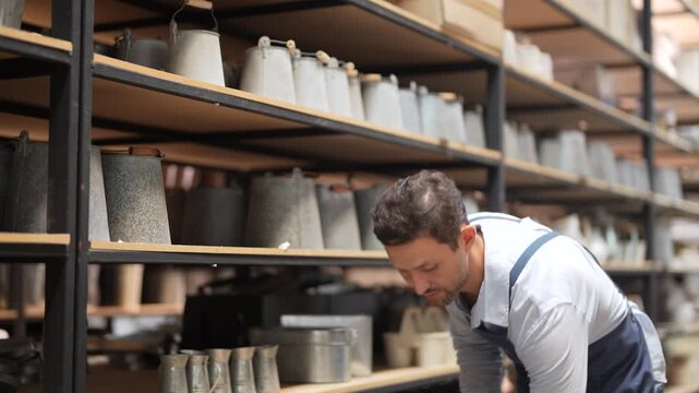 Caucasian male worker in denim apron using barcode scanner on metal bucket in small business warehouse, Retail stock management, e-commerce fulfillment, home decor logistics and supply chain concept
