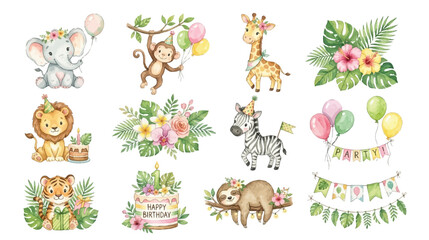 Fototapeta premium Tropical watercolor safari birthday clipart and jungle party decorations set. Collection of Vector illustrations for invitation, card, poster, banner, decoration 