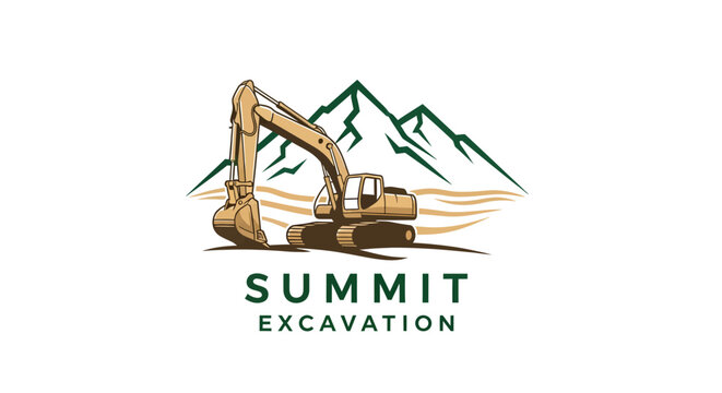 Summit Excavation logo featuring a detailed excavator in front of mountains.