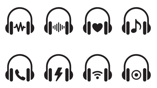 Eight vector icons representing different headphone symbols and audio sound waves, music notes and heart.