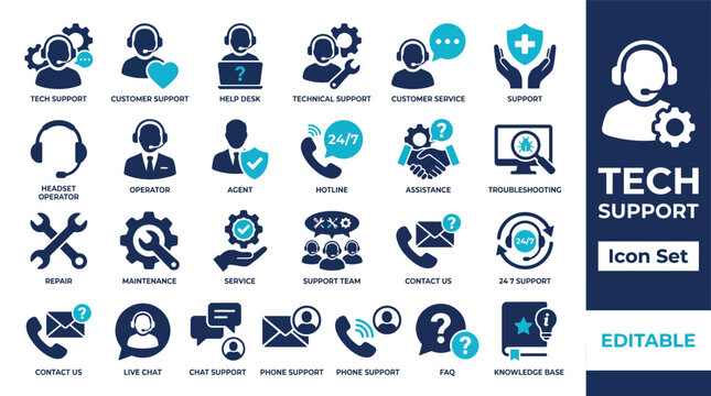 Tech support and customer service icon set featuring help desk, technical assistance, hotline, support, live chat, maintenance, troubleshooting, and call center agent symbols.