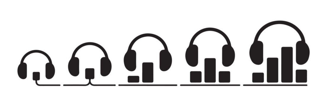 Headphone icons set with audio equalizer bars representing volume levels and music status.