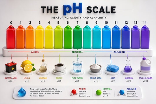 Colorful pH Scale Chart from Acidic to Alkaline with Real Examples