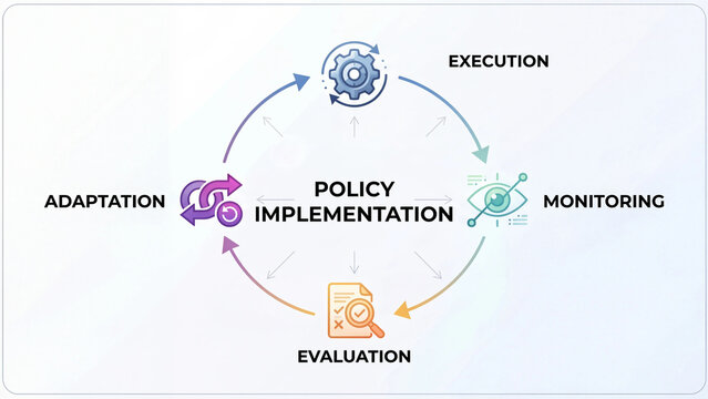Policy implementation cycle framework showing execution monitoring evaluation and adaptation stages with central coordination for effective governance management