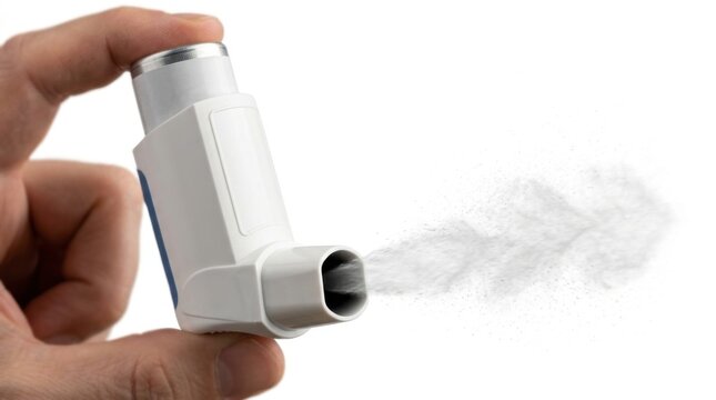 Asthma Inhaler Spraying Medication on White Background